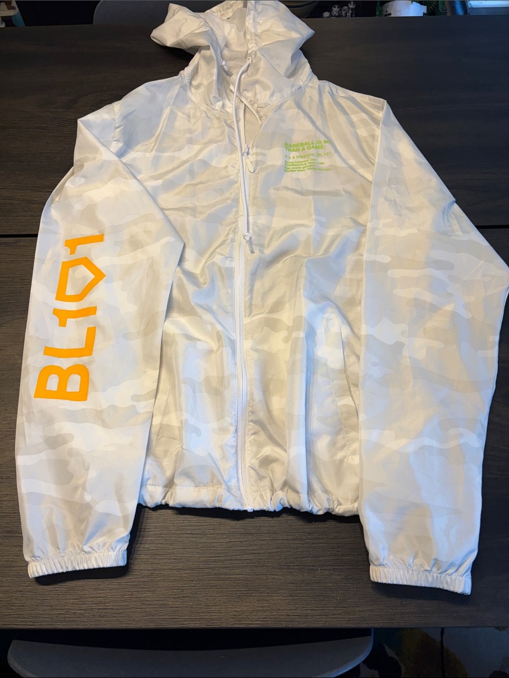 BL01 Baseball Lifestyle 102 White Camo Hooded Windbreaker with Yellow Logo